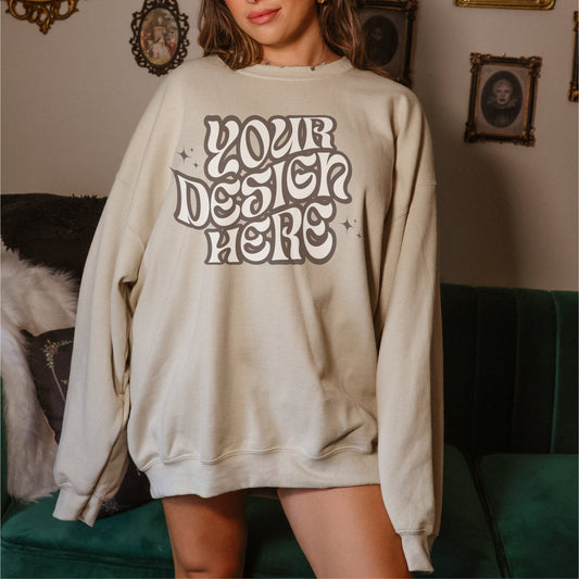 Gildan 18000 Sand Mockup Gildan Sweatshirt mockup Cottagecore Mockup Mystical Mockup Boho Mock Dark Academia mockup Oversized mockup