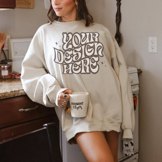 Gildan 18000 Sand Mockup Gildan Sweatshirt mockup Cottagecore Mockup Cozy cute Mockup Boho Mock Light Academia mockup Oversized mockup