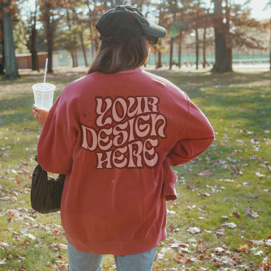 CC1566 Crimson Mockup Comfort Colors Sweatshirt Mockup Crimson Mockup Trendy Outdoor Lifestyle Mockup VSCO Aesthetic Words on back mock