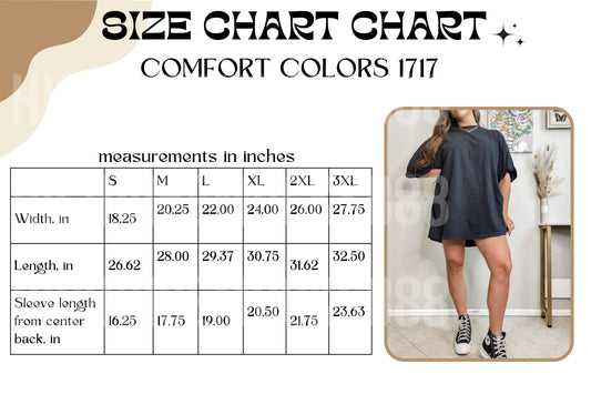 Comfort Colors C1717 size Chart, 1717 Mockup, Trendy size chart, 1717 Aesthetic size chart